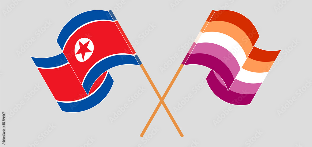 Crossed and waving flags of North Korea and Lesbian Pride