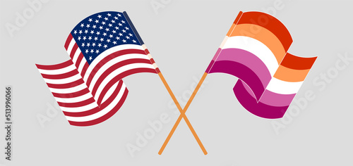 Crossed and waving flags of the USA and Lesbian Pride