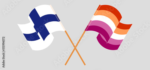Crossed and waving flags of Finland and Lesbian Pride