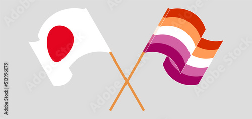 Crossed and waving flags of Japan and Lesbian Pride