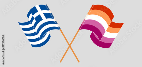 Crossed and waving flags of Greece and Lesbian Pride