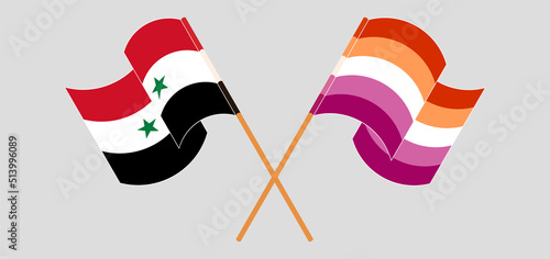 Crossed and waving flags of Syria and Lesbian Pride
