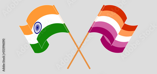 Crossed and waving flags of India and Lesbian Pride