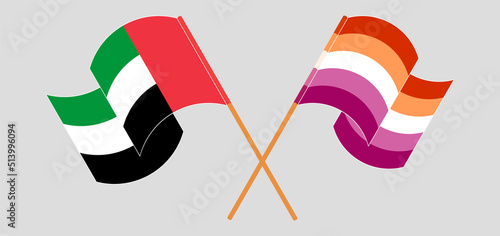 Crossed and waving flags of the United Arab Emirates and Lesbian Pride