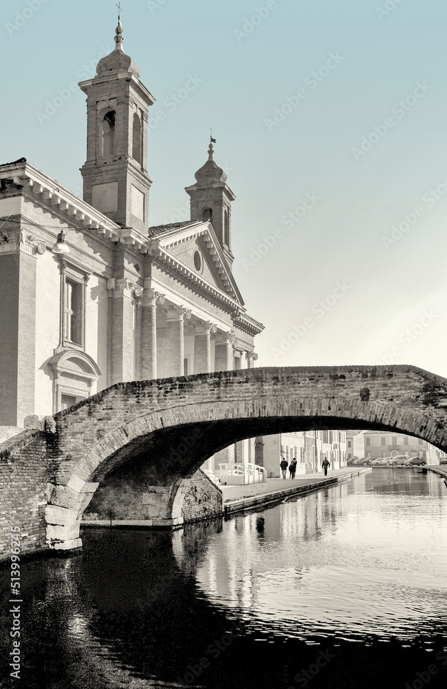 Italy, Emilia-Romagna, Comacchio, church and canal
