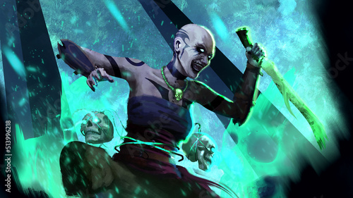 Photography Bald dangerous woman assassin attacks with a dagger in a jump