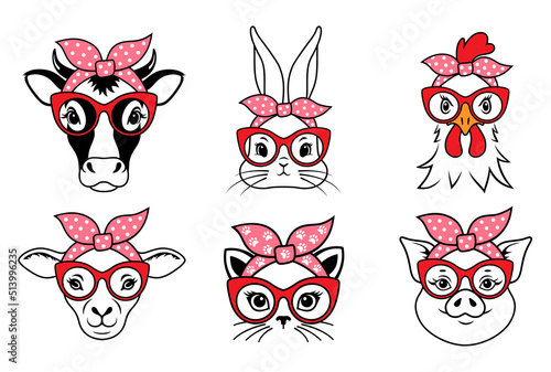 Funny farm animals with bandana and glasses. Cute animal face. Country symbols or emblem