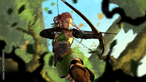 A beautiful elf girl with red hair shoots a bow in a jump against the backdrop of a forest. 2dillustration photo