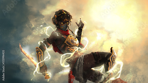 A young beautiful princess with a dagger in her hand casts lightning in a jump against the backdrop of the sun. 2d illustration.