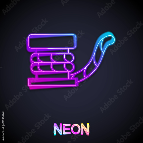 Glowing neon line Marine bollard with rope tied on pier icon isolated on black background. Vector