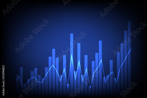Stock and investment concept. A bar and line graph on dark blue background. Burish market, profit of wealth, high-risk high return, business growth up.