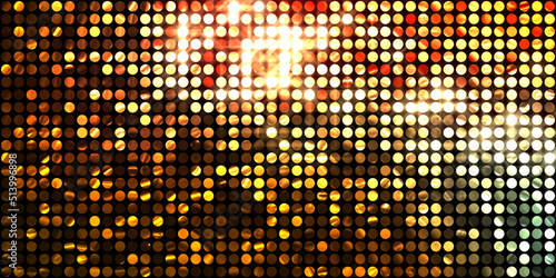 Shining lights party leds on black background. Digital illustration of stage or stadium spotlights. Glowing pattern wallpaper. Glamour background of colorful lights with spotlights.