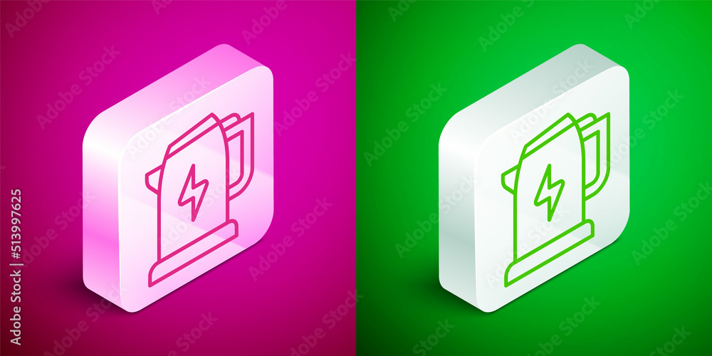 Isometric line Electric kettle icon isolated on pink and green background. Teapot icon. Silver square button. Vector Isometric line Electric kettle icon isolated on pink and green background. Teapot icon. Silver square button. Vector