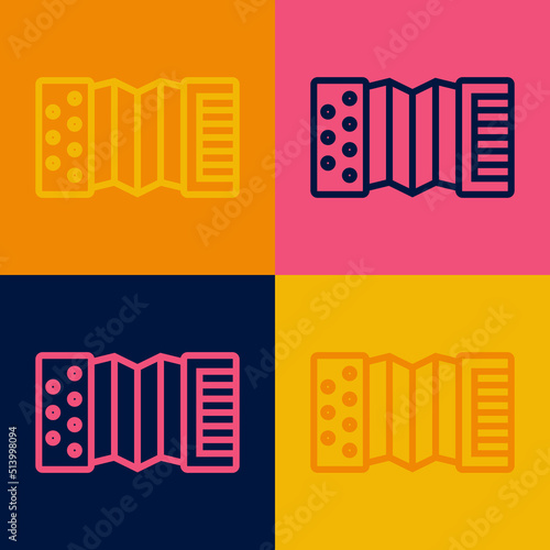 Pop art line Musical instrument accordion icon isolated on color background. Classical bayan, harmonic. Vector