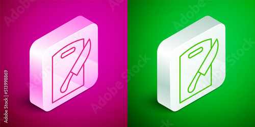 Isometric line Cutting board and knife icon isolated on pink and green background. Chopping Board symbol. Cutlery symbol. Silver square button. Vector