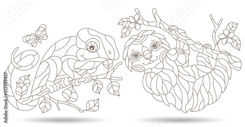 A set of contour illustrations in the style of stained glass with cute sloth and chameleon on tree branches, dark contours on a white background