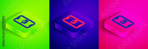 Isometric line Graduation cap on screen smartphone icon isolated on green, blue and pink background. Online learning or e-learning concept. Square button. Vector