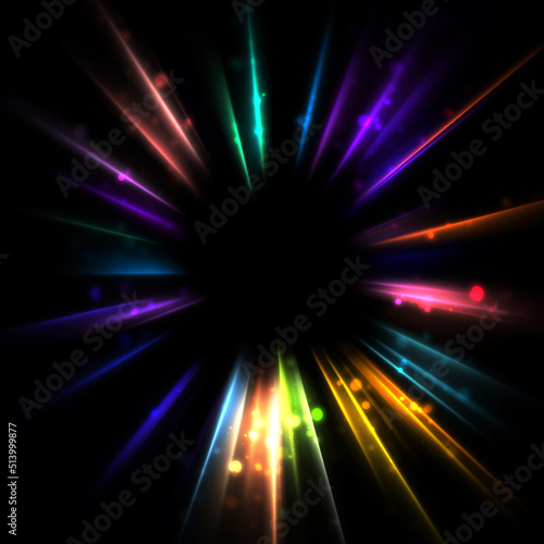 Fototapeta Naklejka Na Ścianę i Meble -  Pretty background of crossing beams of light and glowing particles. Wallpaper of vibrant colorful lights. Shinny light display.