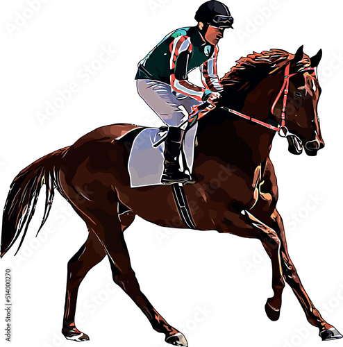 Racehorse with jockey at races. Isolated on a white background