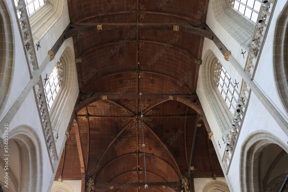 Amsterdam Nieuwe Kerk Church Nave with Wooden Ceiling and Windows, Netherlands