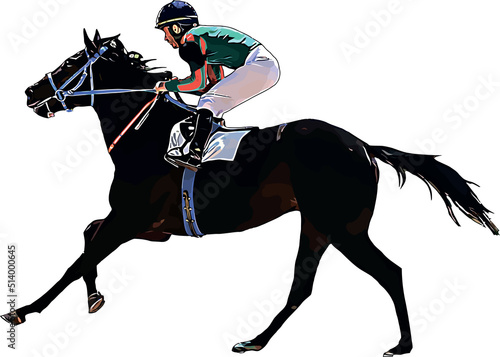 Racehorse with jockey at races. Isolated on a white background
