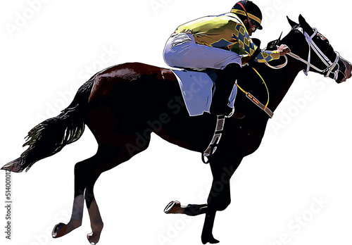 Racehorse with jockey at races. Isolated on a white background