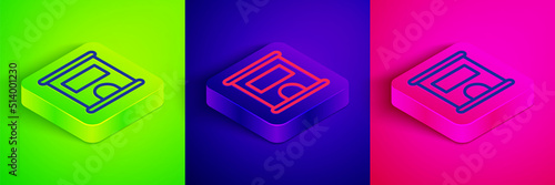 Isometric line Ticket office to buy tickets for train or plane icon isolated on green, blue and pink background. Buying tickets. Ticket service. Square button. Vector