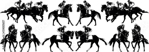 Racehorse with jockey at races. Isolated on a white background