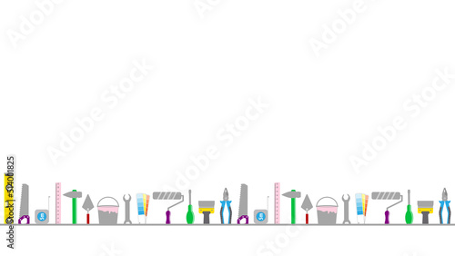 Professional handyman services. Vector banner template with tools collection and text space.  Set of repair colorful tools on white background for your design, app, UI. Bottom frame. EPS10.
