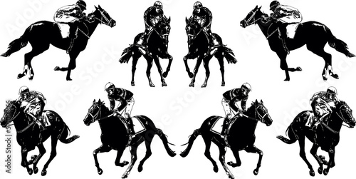 Racehorse with jockey at races. Isolated on a white background