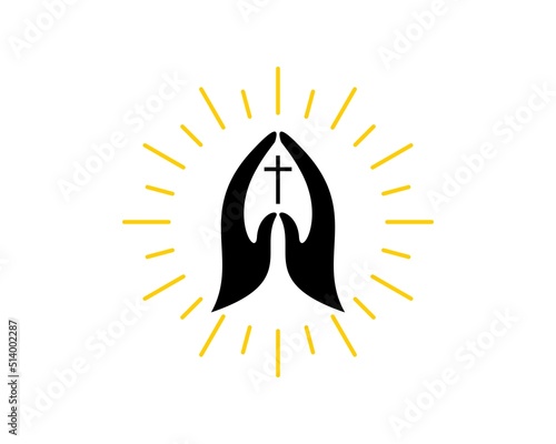 hand prayer with christian cross symbol and shinning