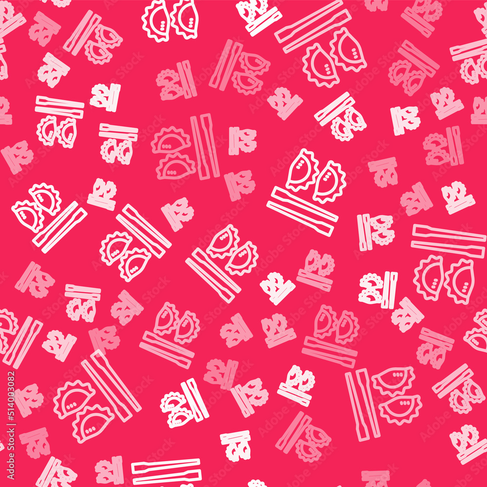 White line Dumpling with chopsticks icon isolated seamless pattern on red background. Traditional chinese dish. Vector White line Dumpling with chopsticks icon isolated seamless pattern on red background. Traditional chinese dish. Vector