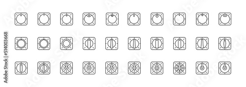 Set of Vector Icons on Theme Adjustment, Mode Selection, Control, Switching, Change. Presented Balance, Power, Minimum, Maximum, Left, Right Power Mode Control Panel