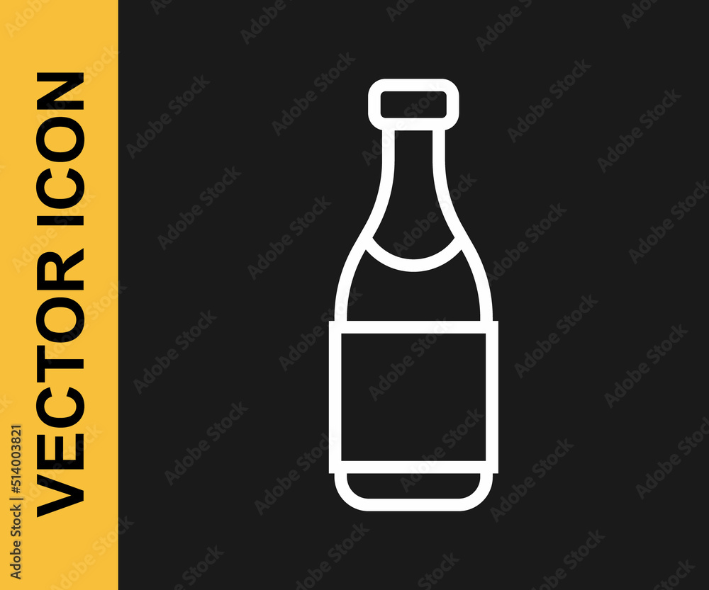 White line Champagne bottle icon isolated on black background. Merry Christmas and Happy New Year. Vector White line Champagne bottle icon isolated on black background. Merry Christmas and Happy New Year. Vector