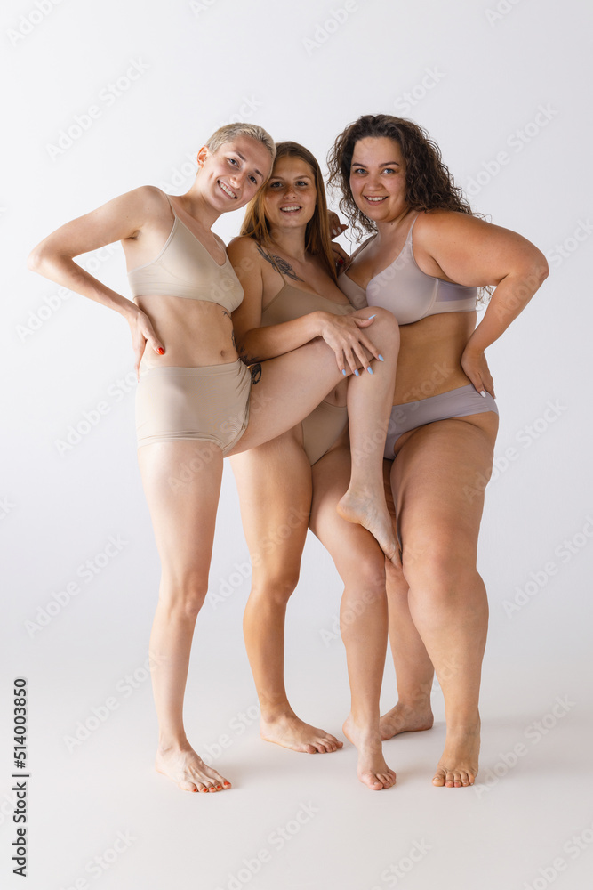 Group portrait of beautiful women posing in underwear isolated over grey studio background. Femininity Group portrait of beautiful women posing in underwear isolated over grey studio background. Femininity