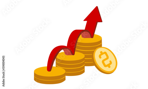 Bitcoin growth concept. Bitcoin revenue illustration. Stacks of gold coins like income graph with bitcoin. Vector illustration isolated on colored background