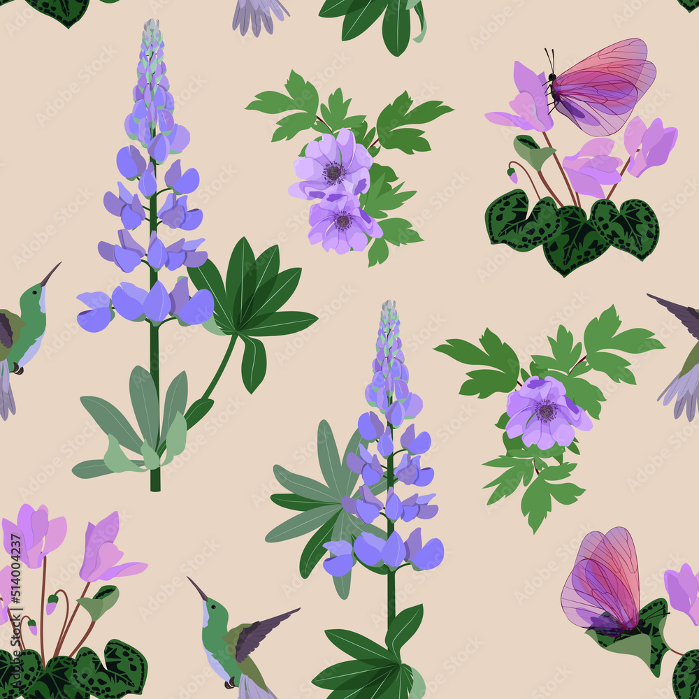 Seamless beautiful summer vector illustration with lupine, cyclamen, anemone, butterflies and hummingbirds on a beige background.