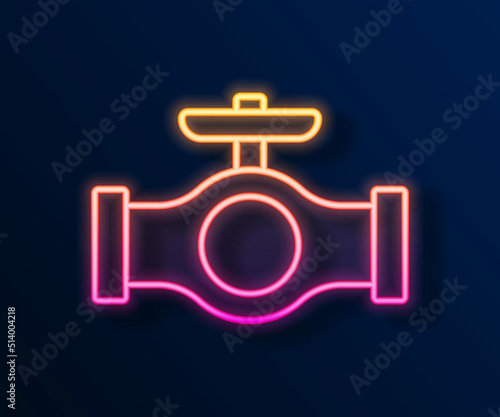 Glowing neon line Oil pipe with valve icon isolated on black background. Vector