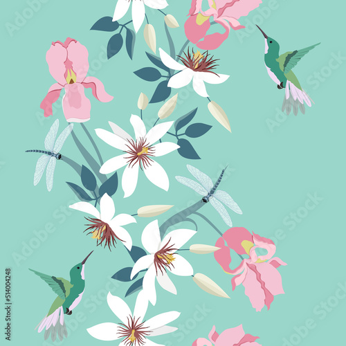 Seamless vector illustration with colors of clematis, iris and birds on a turquoise background.