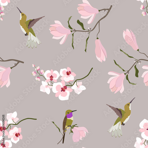 Seamless vector illustration with magnolia flowers, orchids and birds.