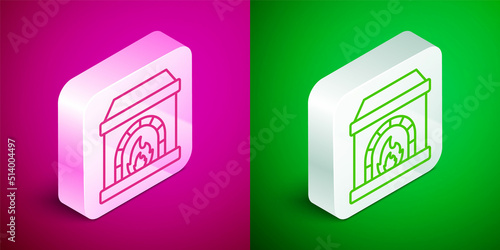Isometric line Blacksmith oven icon isolated on pink and green background. Silver square button. Vector