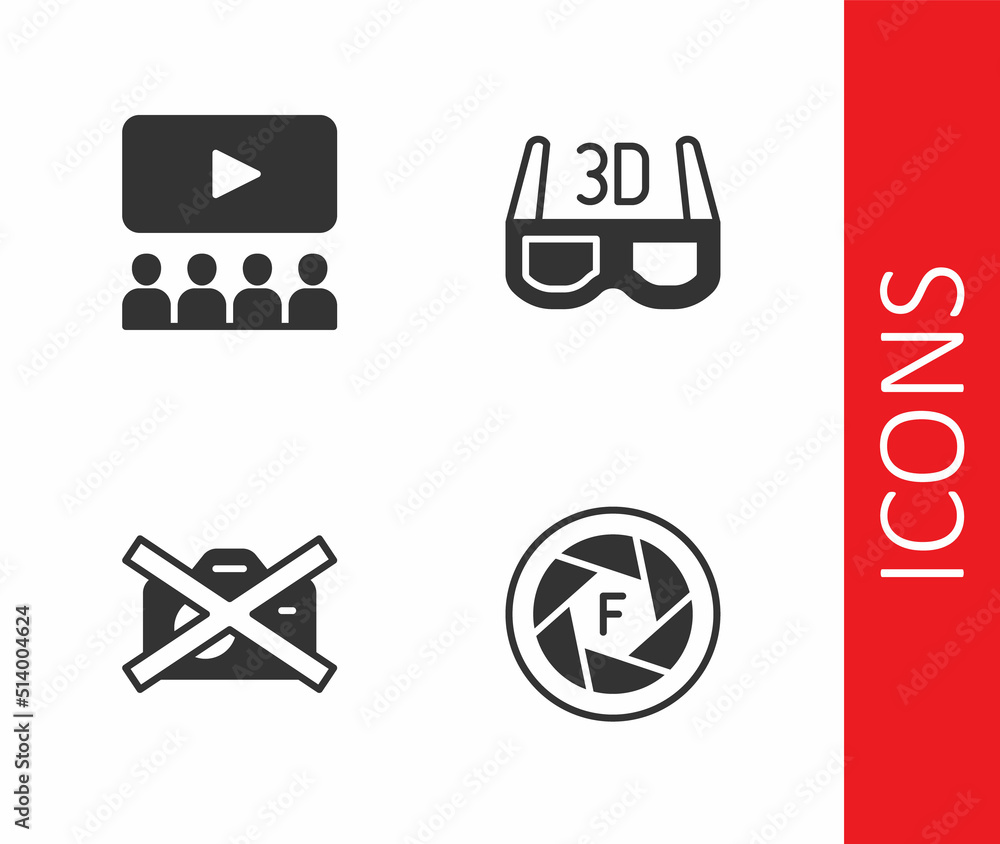 Set Camera shutter, Cinema auditorium with screen, Prohibition no video recording and 3D cinema glasses icon. Vector Set Camera shutter, Cinema auditorium with screen, Prohibition no video recording and 3D cinema glasses icon. Vector