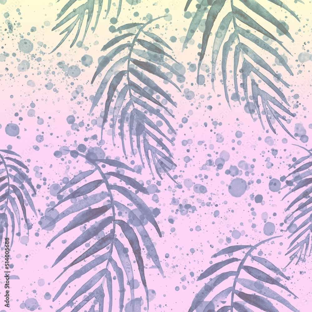  watercolor background from  tropical leaves, palm leaf, floral pattern. Bright Rapport for Paper, Textile, Wallpaper, design. Tropical leaves watercolor. Exotic tropical palm tree. Art pattern