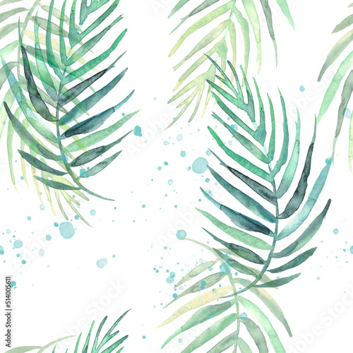  watercolor background from tropical leaves, palm leaf, floral pattern. Bright Rapport for Paper, Textile, Wallpaper, design. Tropical leaves watercolor. Exotic tropical palm tree. Art pattern