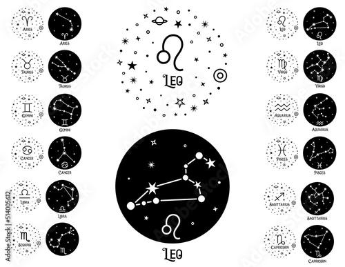 Zodiac signs design with constellations. Set of monochrome round silhouette symbols. Vector design concept with astrological zodiac signs names. Horoscope icon.