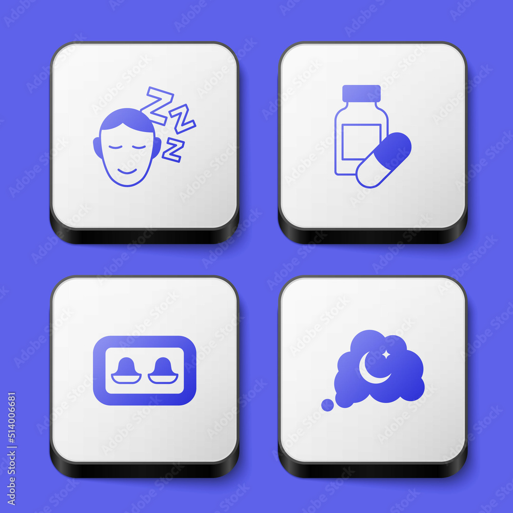 Set Dreams, Sleeping pill, Earplugs with storage box and icon. White square button. Vector Set Dreams, Sleeping pill, Earplugs with storage box and icon. White square button. Vector