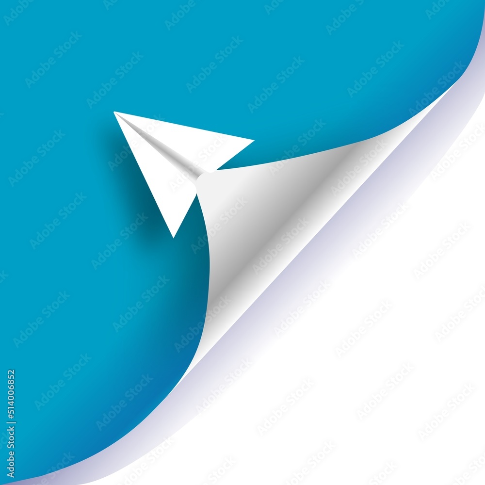 Paper airplane turning page vector illustration. Paper airplane curling corner of the sheet of paper advert concept. Paper airplane turning page vector illustration. Paper airplane curling corner of the sheet of paper advert concept.