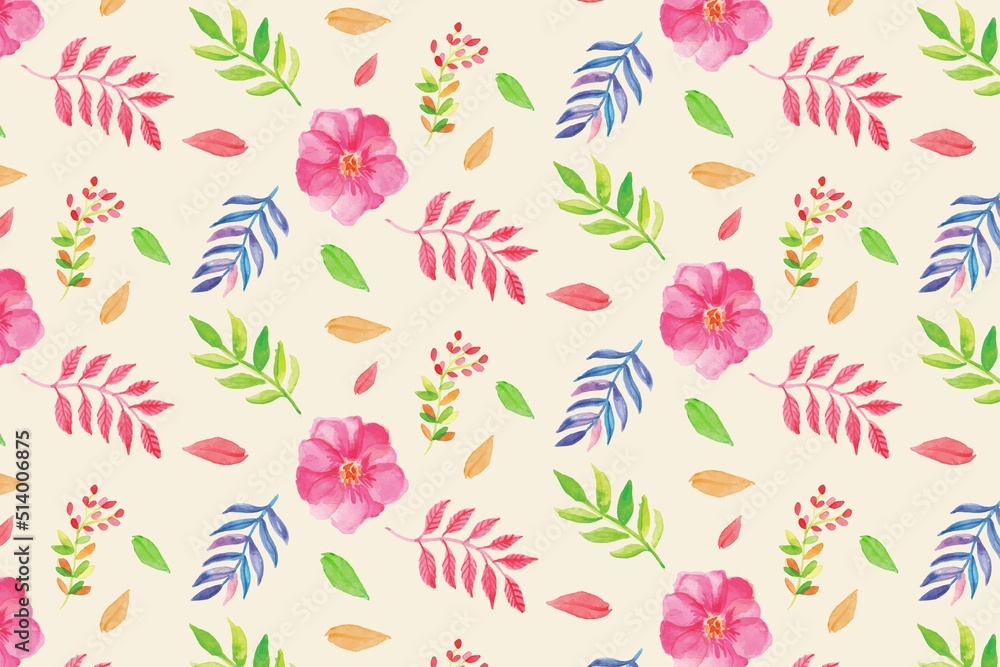 Seamless pattern background with pink flowers and leaves