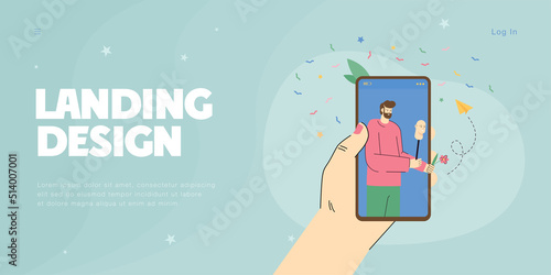 Online dating with stranger holding fake face and flower. Man with mask on mobile phone screen flat vector illustration. Social media danger concept for banner, website design or landing web page