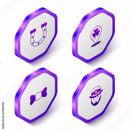 Set Isometric Horseshoe, Clover trefoil leaf, Bow tie and Leprechaun icon. Purple hexagon button. Vector